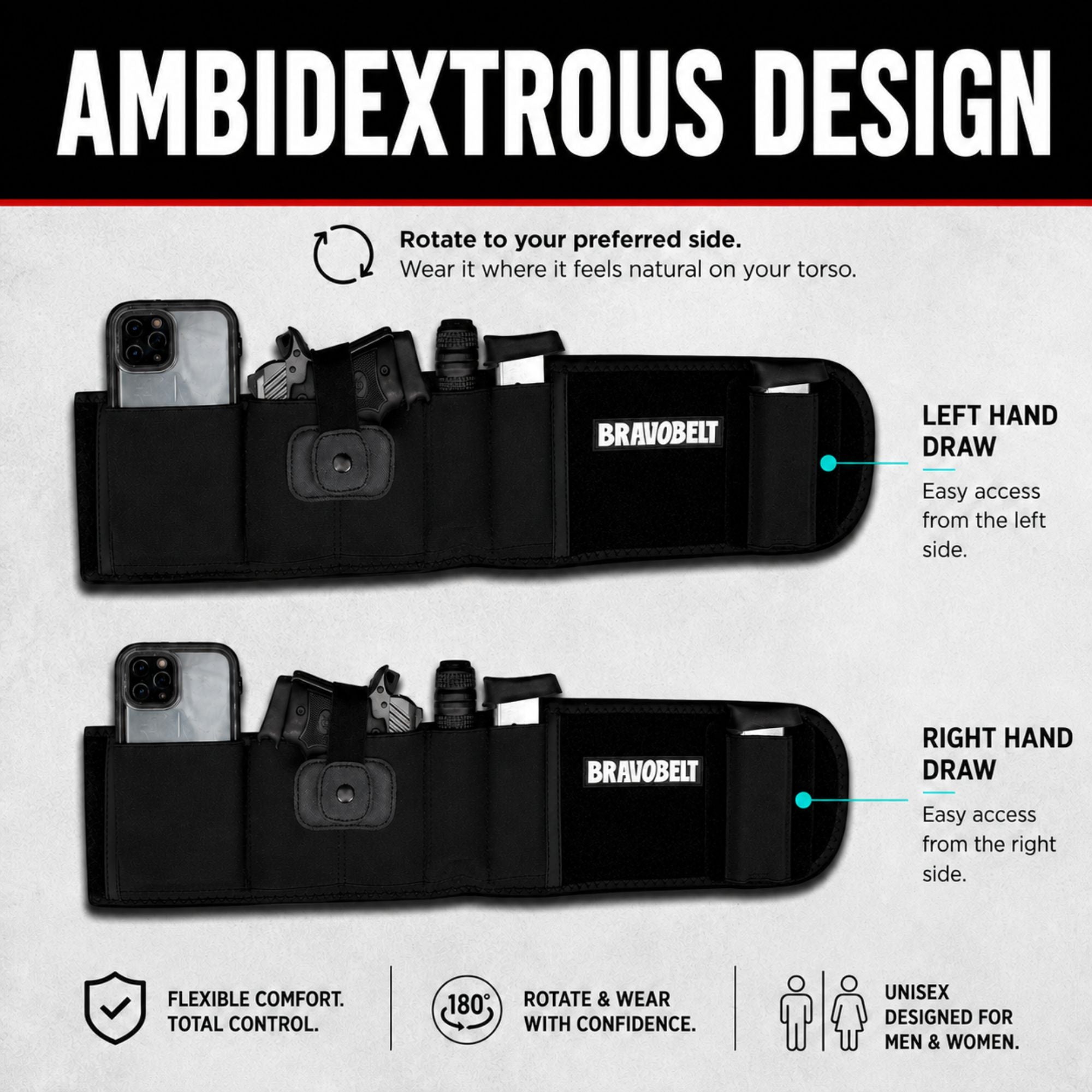 BravoBelt Belly Band Holster for Concealed Carry - Unisex - Black