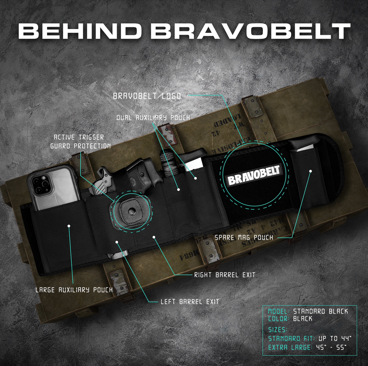 BravoBelt Belly Band Holster for Concealed Carry - Unisex - Black