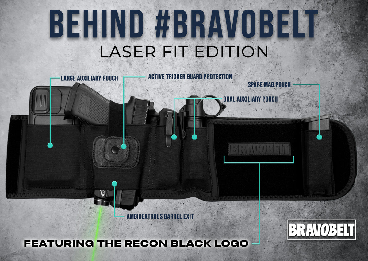 BravoBelt Laser Fit Edition - Belly Band Holster for Concealed Carry | Compatible with Red Dot, Lasers &amp; Tactical TLR Light Systems -Unisex (Black)