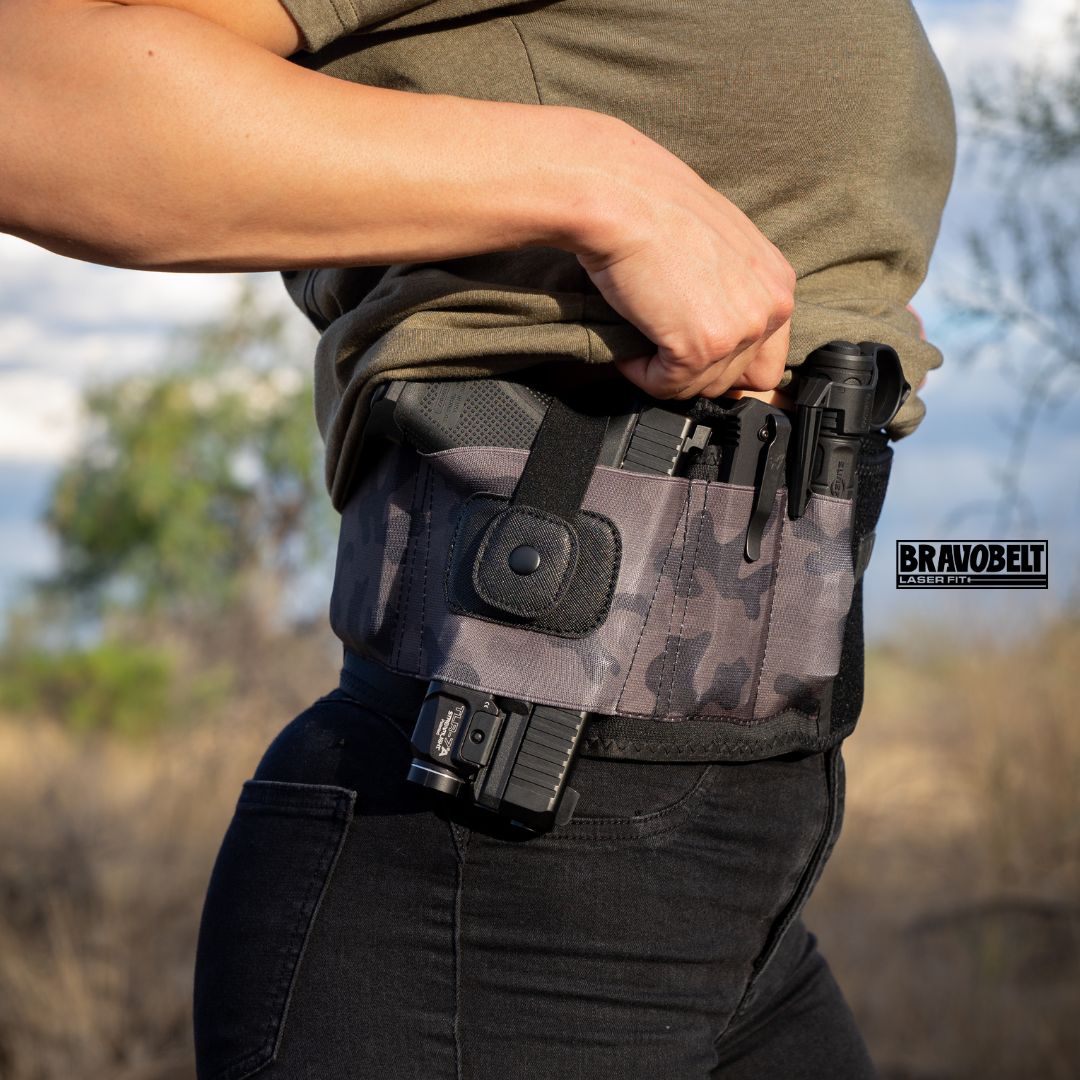 BravoBelt Laser Fit Edition - Belly Band Holster for Concealed Carry | Compatible with Red Dot, Lasers &amp; Tactical TLR Light Systems -Unisex (Camo)