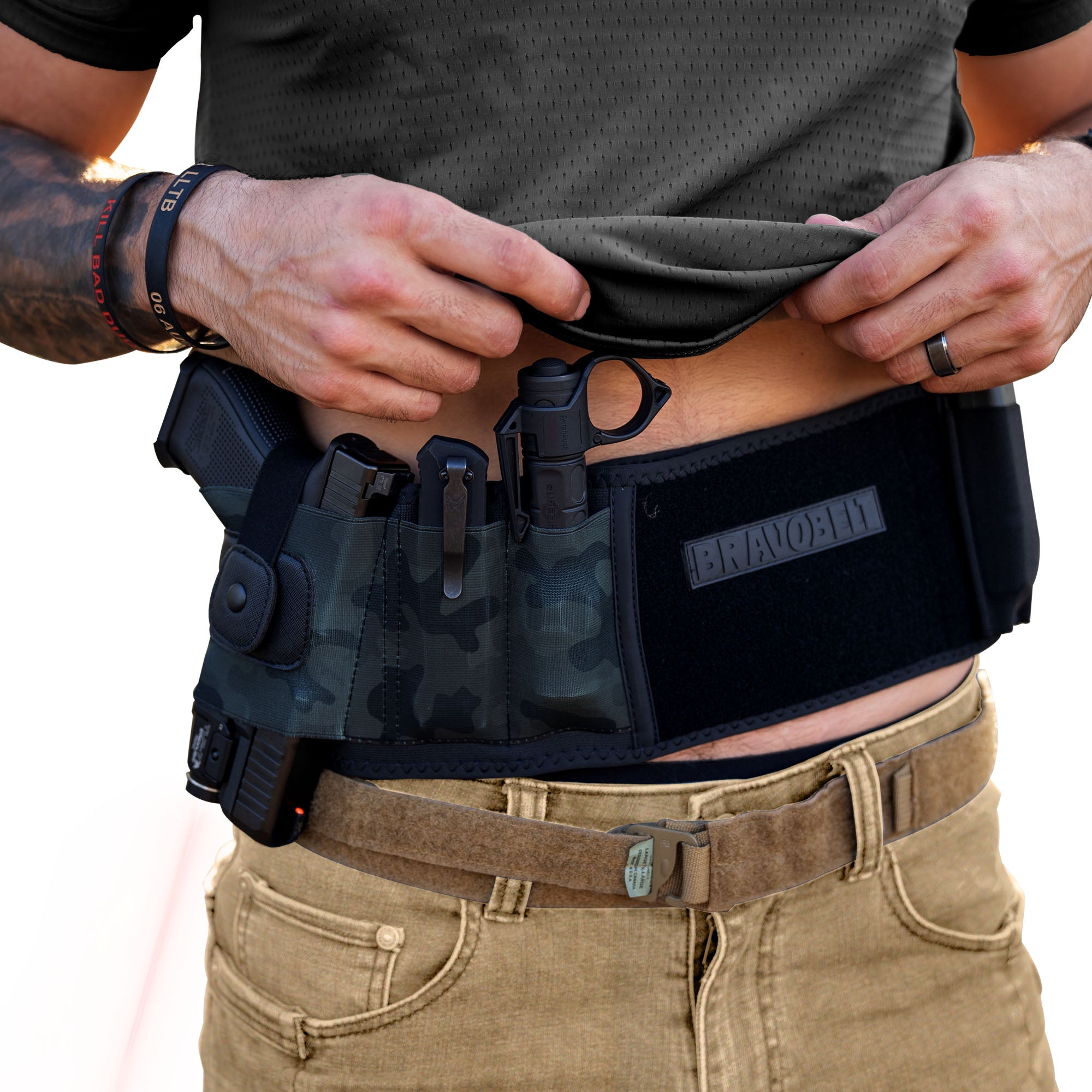 BravoBelt Laser Fit Edition - Belly Band Holster for Concealed Carry   Compatible with Red Dot, Lasers & Tactical TLR Light Systems -Unisex (Camo)